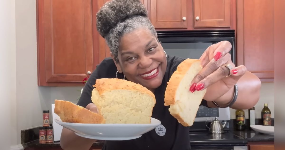 View of Mom shows how she makes 2-ingredient bread 
